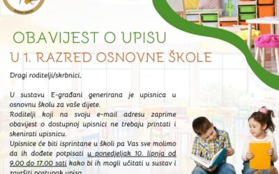 Obavijest o upisu u 1. razred osnovne škole