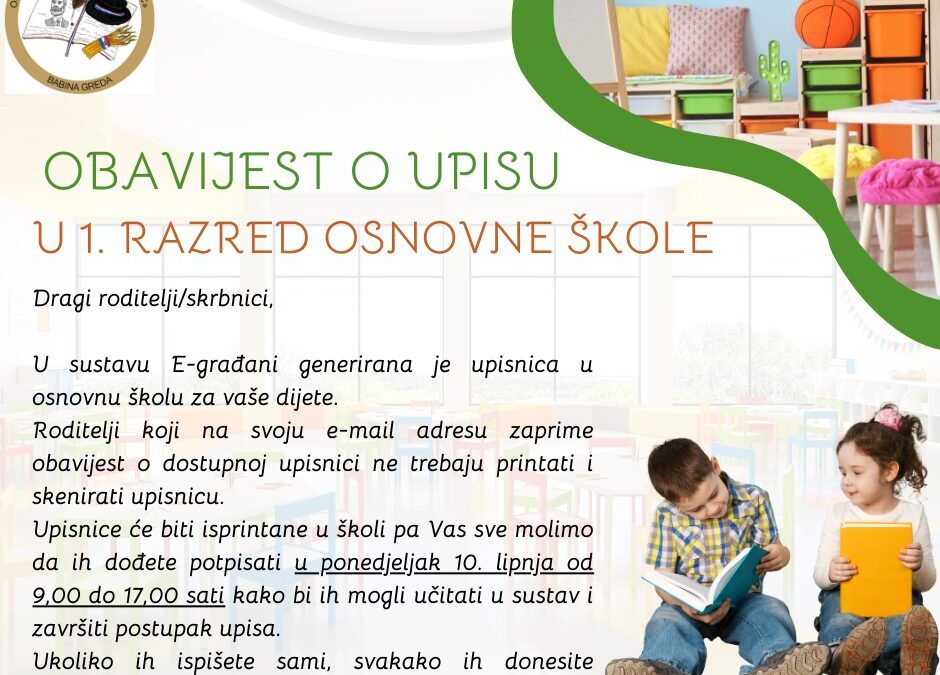 Obavijest o upisu u 1. razred osnovne škole